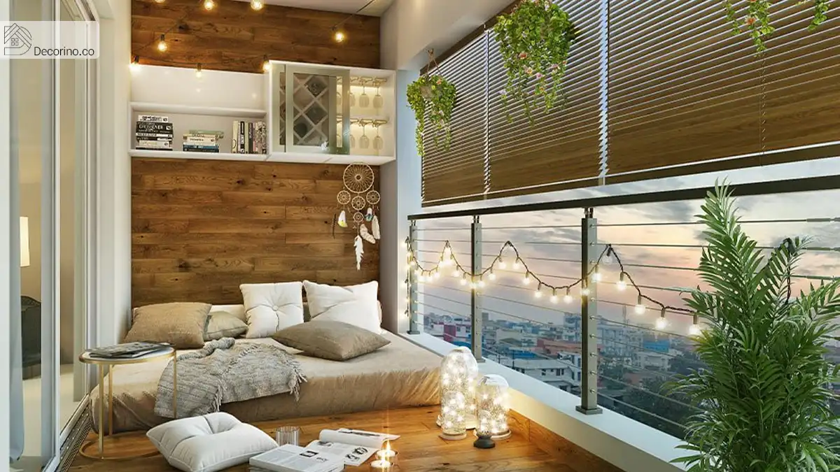 یک بالکن دنج با کفپوش چوبی و یک دیوار چوبی طراحی کنید