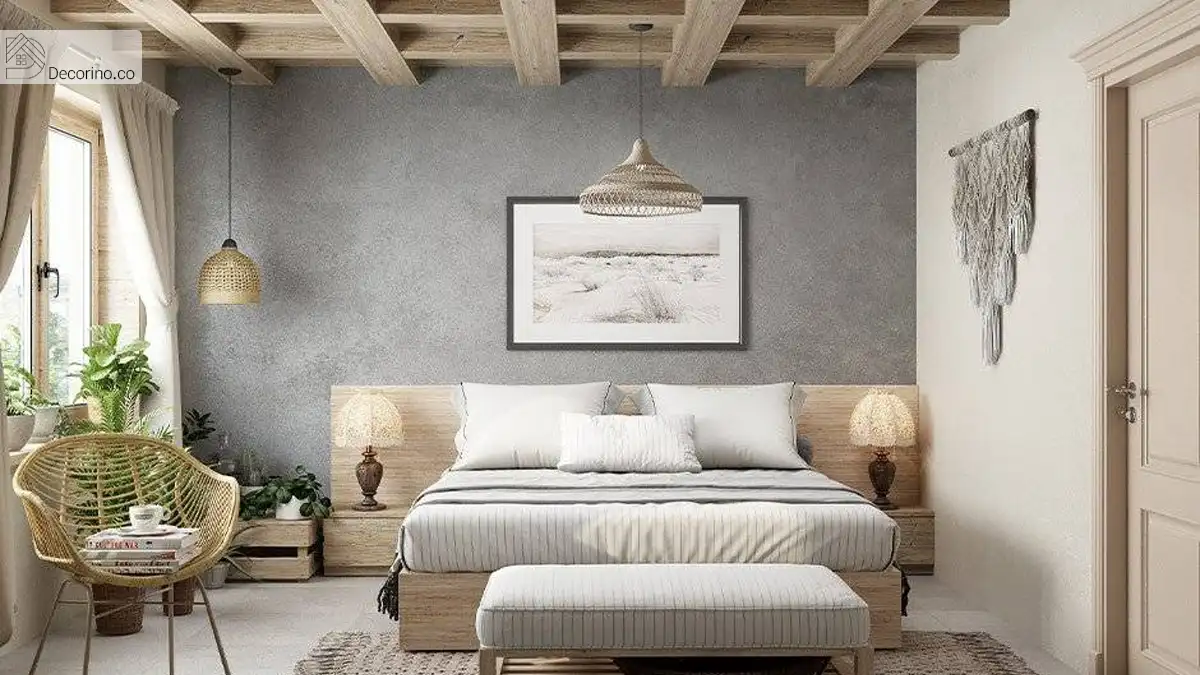 یک اتاق خواب با طراحی وابی سابی (Wabi-Sabi) با اکسنت‌های چوبی