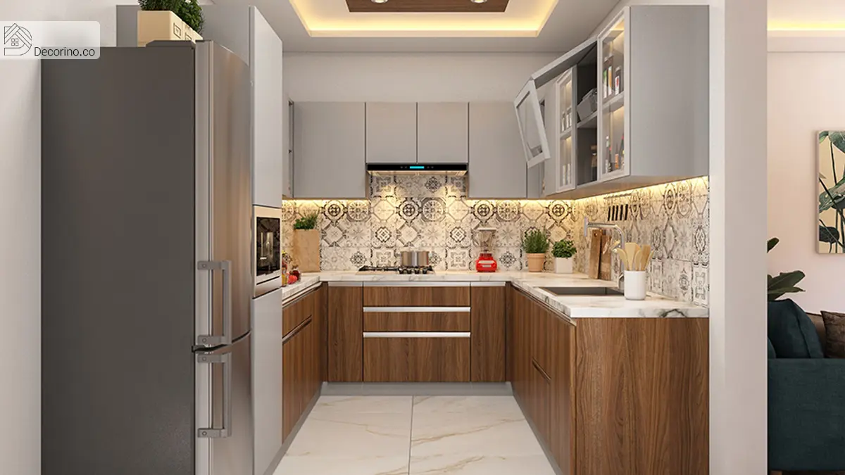 طراحی آشپزخانه U شکل ساده کوچک